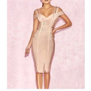 House of CB Mimi Tan Pink Off Shoulder Low Back Bandage Dress Size Small